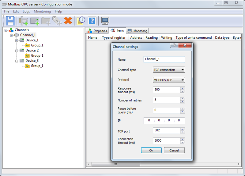 OPC server allow data exchange via Modbus